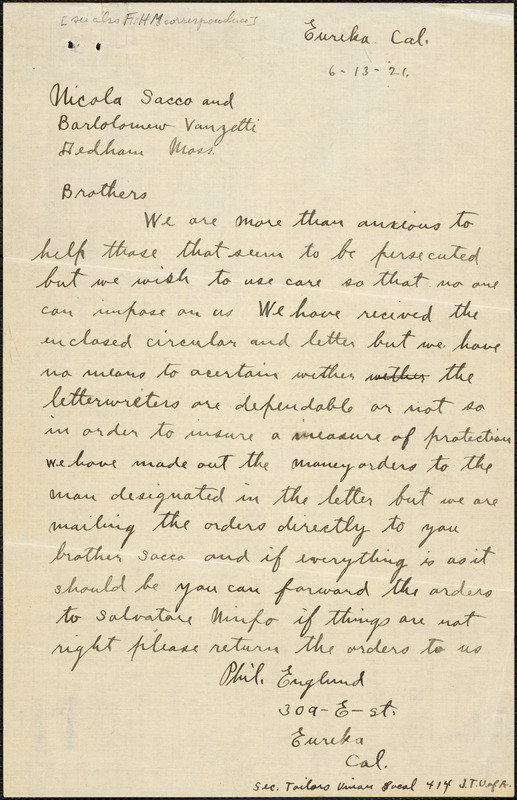 P. Eruglund autograph letter signed to Nicola Sacco and Bartolomeo Vanzetti, Eureka, Calif., 13 June 1921
