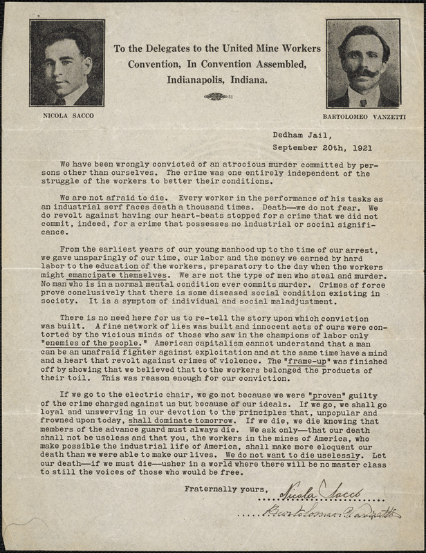 Nicola Sacco and Bartolomeo Vanzetti typed letter signed to the Delegates to the United Mine Workers Convention, Indianapolis, Ind., [Boston], 20 September 1921