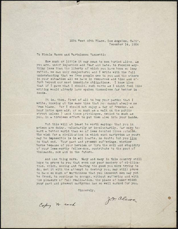J.F. Clewe typed letter signed to Nicola Sacco and Bartolomeo Vanzetti, Los Angeles, 14 December 1924