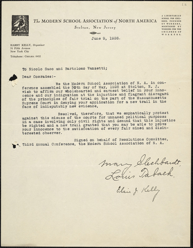 Mary Slechbardt, Louis Talbach and Elise J. Kelly typed letter signed to Nicola Sacco and Bartolomeo Vanzetti, Stelton, N.J., 9 June 1926