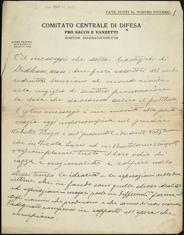 Autographed letter to [Nicola Sacco and Bartolomeo Vanzetti], [Boston?, ca. 1-7 April 1927?]