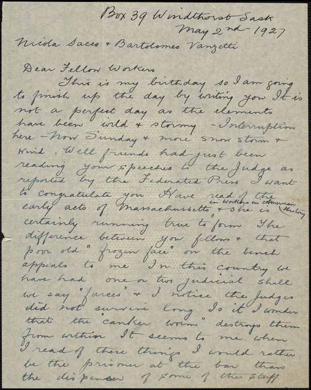 W.E. Carey autographed letter signed to Nicola Sacco and Bartolomeo Vanzetti, Windthorst, [TX?], 2 May 1927