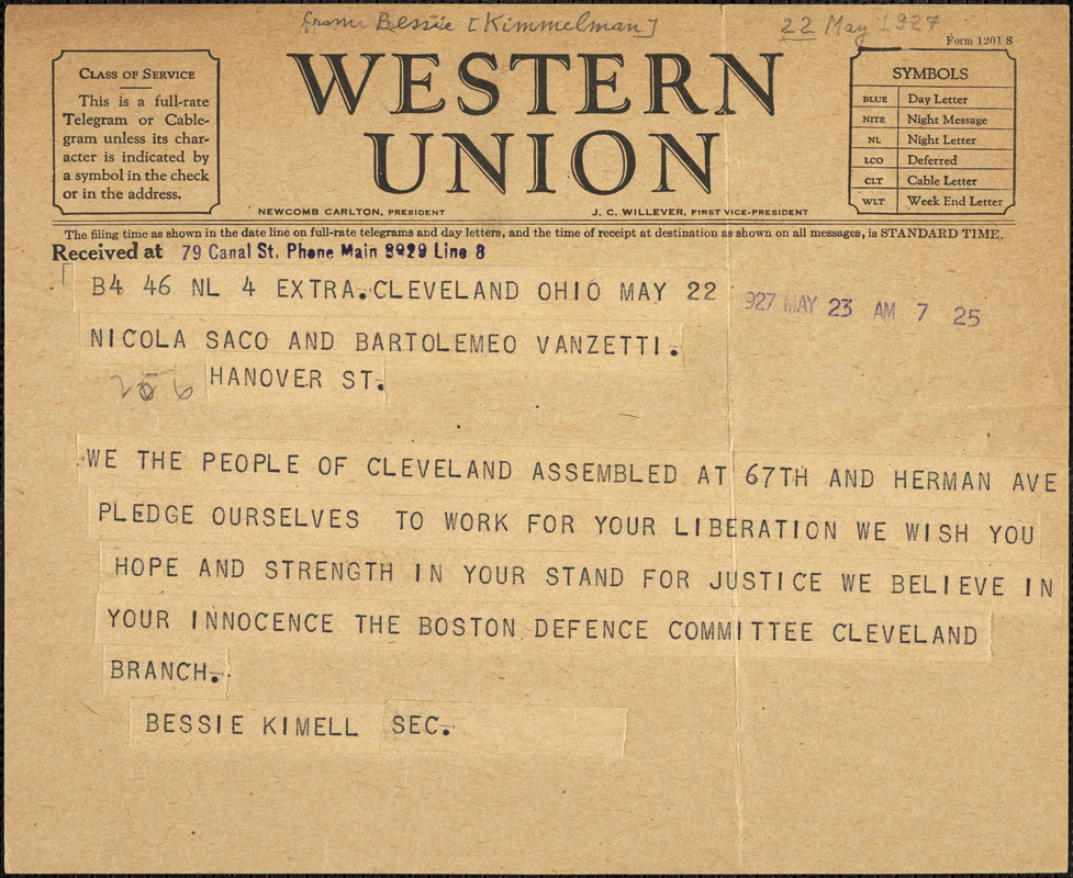 Bessie Kimell (Sacco-Vanzetti Defense Committee - Cleveland Branch) telegram to Nicola Sacco and Bartolomeo Vanzetti, Cleveland, 23 May 1927