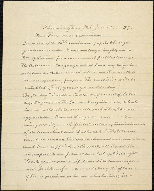 Leonard Schwartz autographed letter signed to Friends and Comrades, Harrington, Del., 21 June 1927