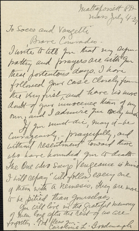 Caroline L. Goodenough autographed letter signed to Nicola Sacco and Bartolomeo Vanzetti, Mattapoisett, 4 July 1927