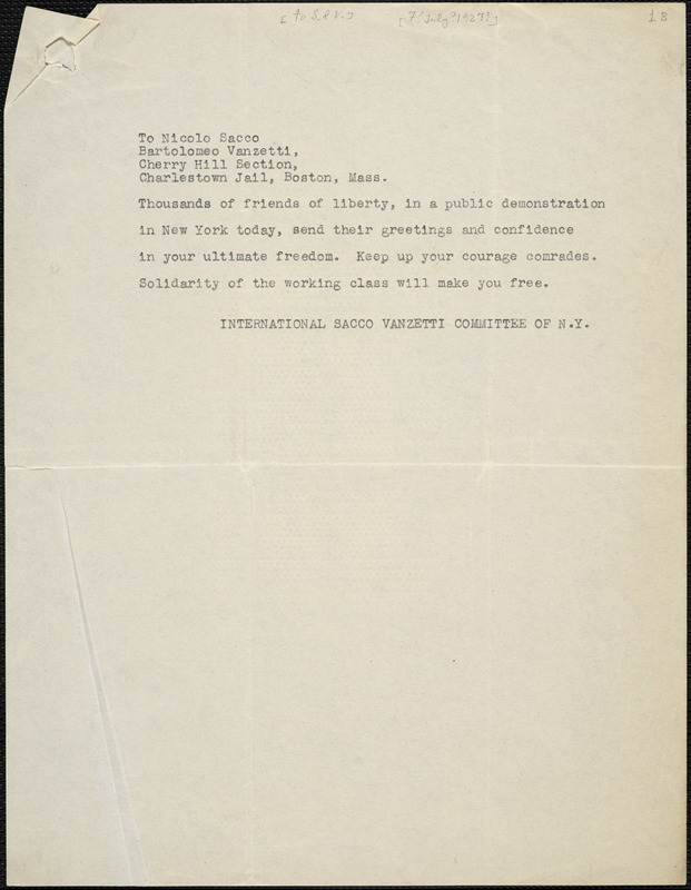 Brotherhood 4 International Labor Defense of Cicero autographed letter signed to [Nicola] Sacco and [Bartolomeo] Vanzetti, Cicero, Ill., 19 July 1927