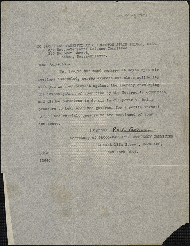 Rose Baron [Sacco-Vanzetti Emergency Committee] typed letter signed to [Nicola] Sacco and [Bartolomeo] Vanzetti, New York, 20 July 1927