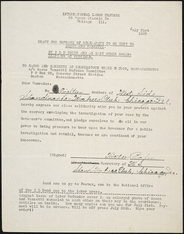 Scandinavian Worker's Club, Chicago printed letter (draft) to [Nicola] Sacco and [Bartolomeo] Vanzetti, Chicago, 21 July 1927