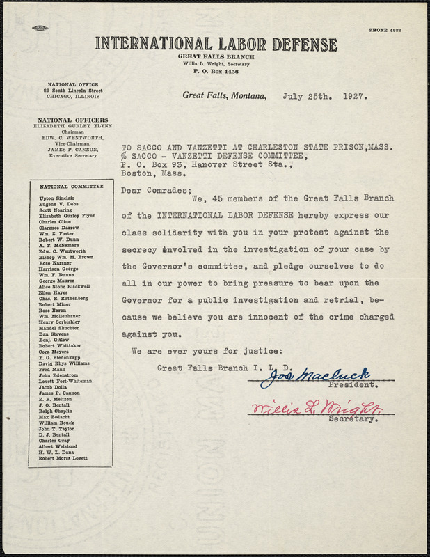 International Labor Defense, Great Falls Branch typed letter signed to [Nicola] Sacco and [Bartolomeo] Vanzetti, Great Fall, Mont., 25 July 1927
