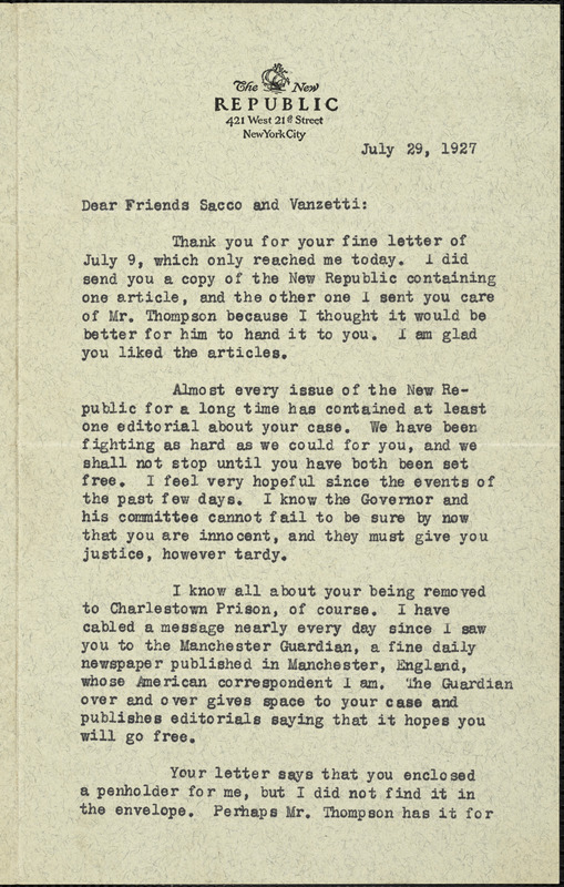 Bruce Bliven typed letter signed to Nicola Sacco and Bartolomeo Vanzetti, New York, 29 July 1927