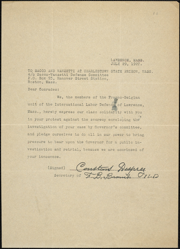 Franco-Belgian Unit of the International Labor Defense of Lawrence printed letter signed to [Nicola] Sacco and [Bartolomeo] Vanzetti, Lawrence, Mass., 29 July 1927