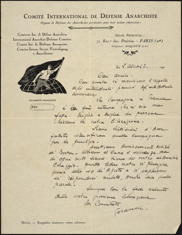 Comité International de Defense Anarchiste autographed letter signed to Cari Amici, Paris, 2 August 1927