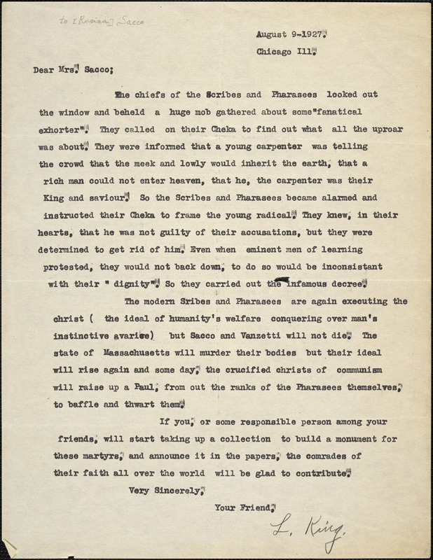 L. King typed letter signed to [Rosina] Sacco, Chicago, 9 August 1927