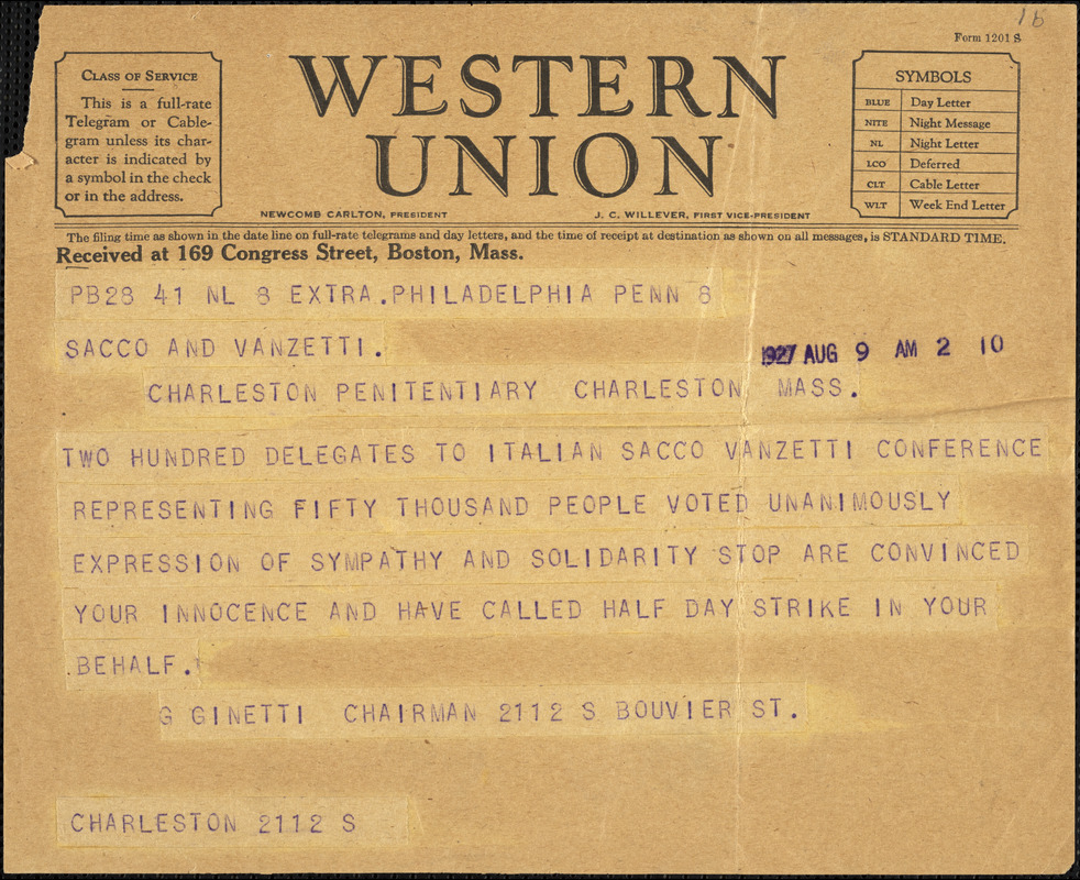 G. Ginetti, telegram to [Nicola] Sacco and [Bartolomeo] Vanzetti, Philadelphia, 9 August 1927