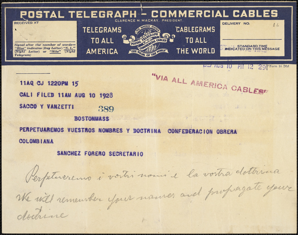 Confederacion Obrera telegram to [Nicola] Sacco and [Bartolomeo] Vanzetti, Columbia?, 10 August 19[27]