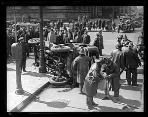 An overturned car, corner of Dartmouth and Boylston Streets, Boston