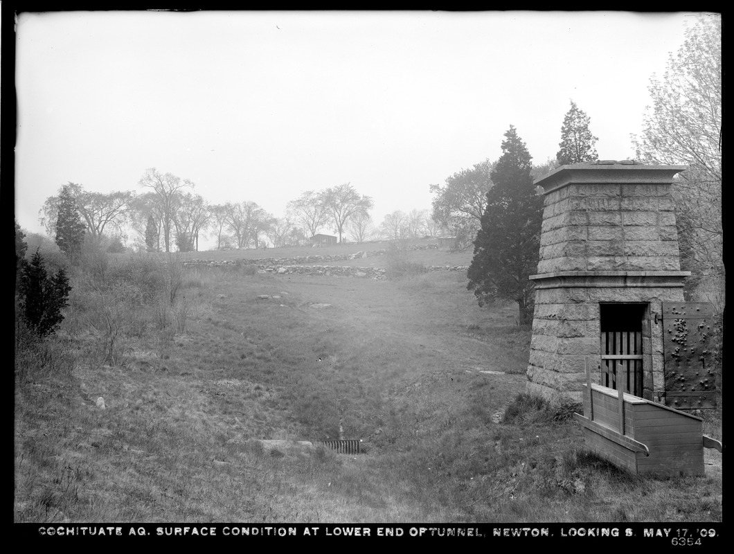 Distribution Department, Cochituate Aqueduct, surface conditions at lower end of tunnel, looking south; ventilator in foreground, right, Newton, Mass., May 17, 1909