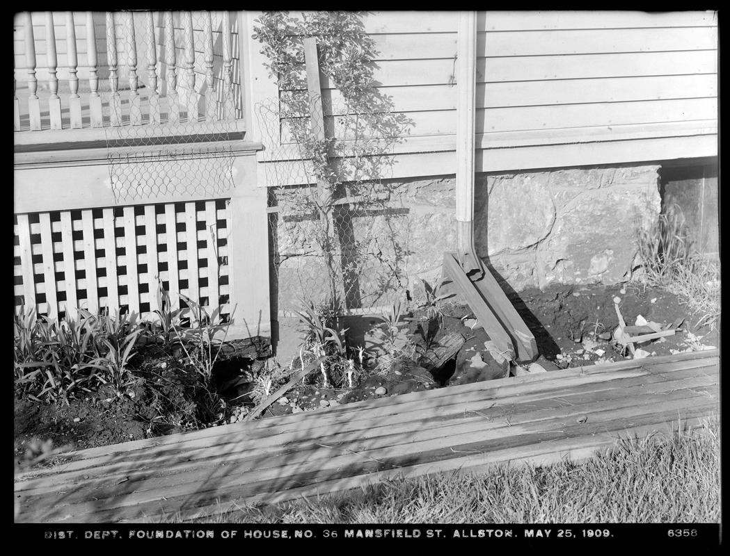 Distribution Department, Low Service Pipe Lines, break, foundation of house, No. 36 Mansfield Street, Allston, Mass., May 25, 1909