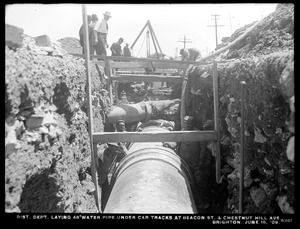 Distribution Department, Low Service Pipe Lines, 48-inch pipe, laying pipe under car tracks at Beacon Street and Chestnut Hill Avenue, Brighton, Mass., Jun. 18, 1909