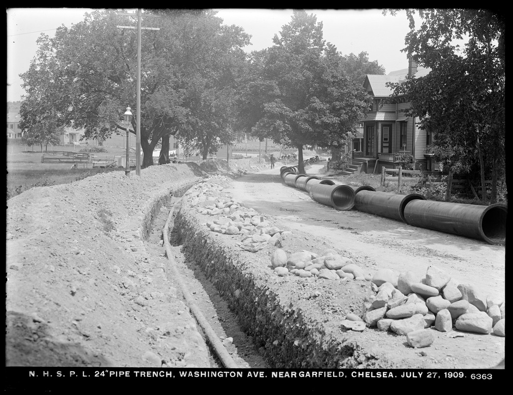 Distribution Department, Northern High Service Pipe Lines, 24-inch pipe trench in Washington Avenue near Garfield Avenue, Chelsea, Mass., Jul. 27, 1909