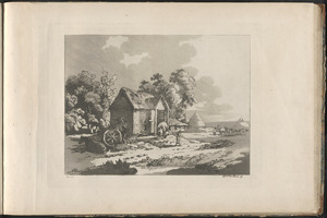 Landscape with figures storing hay in a barn, a cart and horse lying down at left
