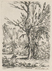 A person and dog sitting by trees