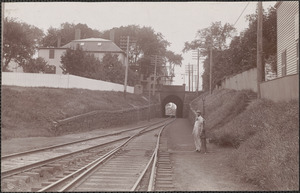 B&M R.R. west towards tunnel, crossing tender, Jere W. Buckley