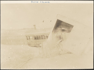 Plum Island Dummy Engine off of track and smashing into either Burbank or Porter cottage, year 1892