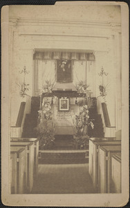 Inside Old South Church, main isle and pulpit, Rev. Whitefield portrait