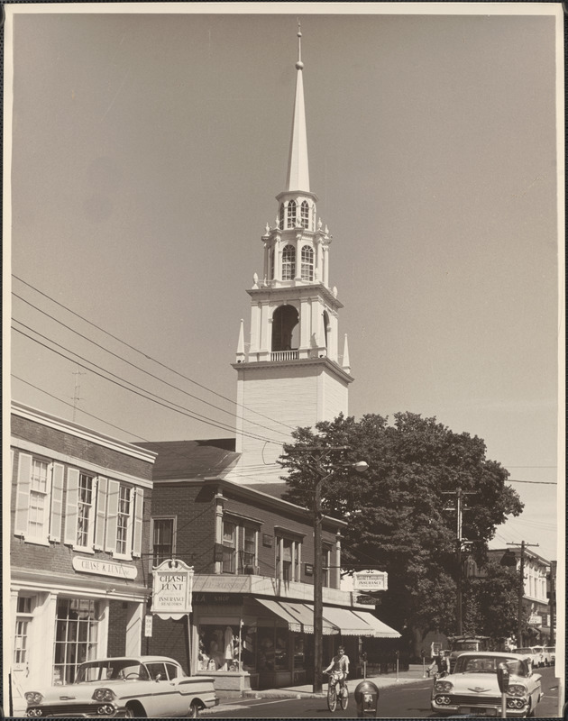 Pleasant St., Unitarian Church steeple, building in center removed during urban renewal