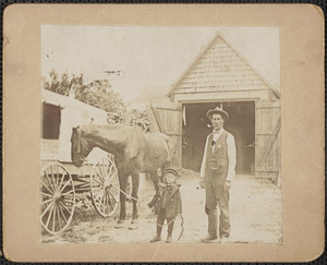 Andrew P. Lewis and his son Willard Russell Lewis, Jerry the horse at 9 Charter St., Newburyport Mass. about 1896