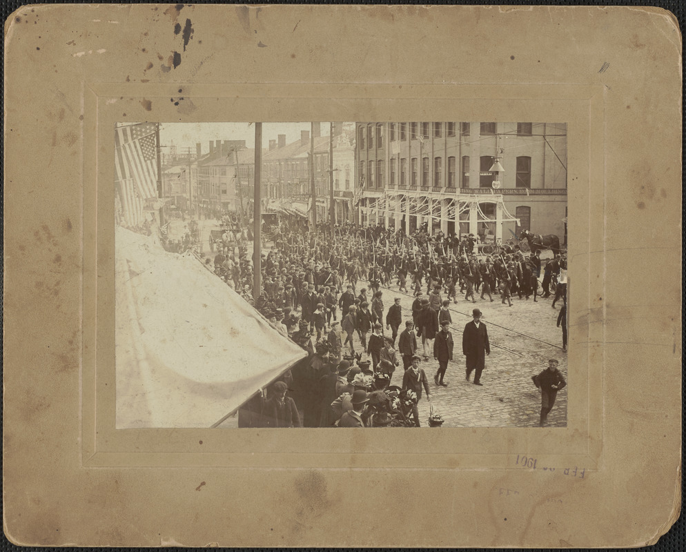 Walking up State Street, military parade, looking north toward Market Square, Spanish American War? c. 1900