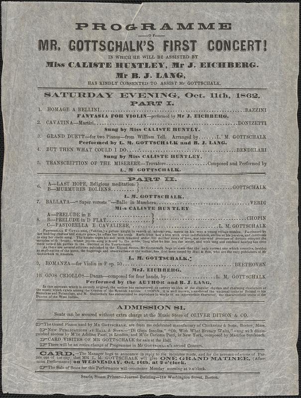 Programme of Mr. Gottschalk's first concert, Saturday evening, Oct. 11th, 1862