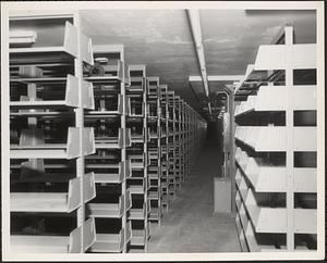 Construction of Boylston Building, Boston Public Library, shelving installed in stacks