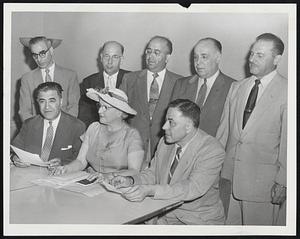 Aid Palsy Drive - Chiefs of the Syrian-Lebanese cerebral palsy committee of Massachusetts are, left to right, front, Judge Elias F. Shamon, chairman; Mrs. Muriel S. Barnes, honorary chairman; Monsour H. Laham, treasurer. Standing. David Nassif, James S. Maloof, Fozi M. Cahaly, Husney Mahfuz and Dr. Roger Abizaid