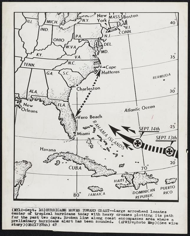 Hurricane Moves Toward Coast--Large arrowhead locates center of ...