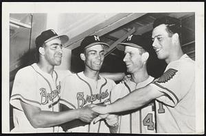 Murderers Row – Braves Fashion is represented here by (left to right) Jim Pendleton, Bill Bruton, Andy Pafko and Ed Mathews, who collaborated in the Tribe’s 14-9 win over the Dodgers. Pendleton, Pafko and Mathews belted homers while Bruton scored four times after reaching on a single, double, triple and walk.