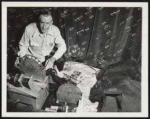 Inventors Show - N. A. Fisher with two of his machines which fill the air with bubbles, at the World Inventors Exposition at Los Angeles, Cal., now having a 10-day run at Pan Pacific Auditorium here, under the sponsorship of the United Inventors and Scientists of America. Purpose of the show is to display the work of amateur inventors entered from all parts of the United States and many foreign countries. Mr. Fisher is also the inventor of a child's bubble machine made of plastic which is expected to sell for about $3.50. The above models of metal are for commercial use.