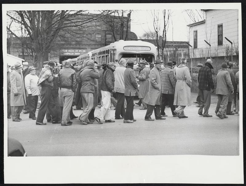 No School Buses Today. A solid line of pickets blocks at attempt today (Jan. 5) in Brockton, Mass., of supervisors of the Eastern Massachusetts Street Railway to operate school buses on their regular routes. Drivers and mechanics of the bus line have been on strike since Nov. 17 seeking increased pay. The bus line operates regular passenger routes in 80 communities as well as school routes.