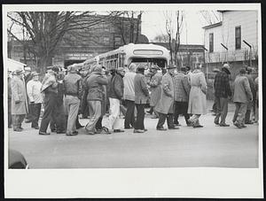 No School Buses Today. A solid line of pickets blocks at attempt today (Jan. 5) in Brockton, Mass., of supervisors of the Eastern Massachusetts Street Railway to operate school buses on their regular routes. Drivers and mechanics of the bus line have been on strike since Nov. 17 seeking increased pay. The bus line operates regular passenger routes in 80 communities as well as school routes.