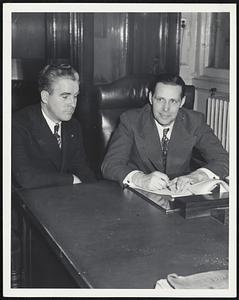 Signing of Budget City Hall. LtR. John E. Kerrigan, Pres City Council. Mayor Maurice Tobin.