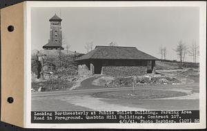 Contract No. 107, Quabbin Hill Recreation Buildings and Road, Ware, looking northwesterly at public toilet building, parking area road in foreground, Ware, Mass., Apr. 8, 1941