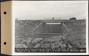 Contract No. 66, Regulating Dams, Middle Branch (New Salem), and East Branch of the Swift River, Hardwick and Petersham (formerly Dana), looking northeasterly at dam 4, middle branch regulating dam, Hardwick, Mass., Dec. 9, 1939