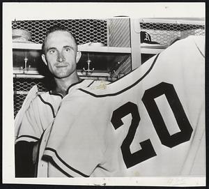 Mighty Mite of Moundsmen is Bobby Shantz, bellhop-sized southpaw of the Athletics, displays a shirt bearing the No. 20 to signify his 20th victory of the season after he pitched the A's to a 5-3 win over the Red Sox in Philadelphia last night.