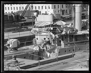 Destroyer USS McFarland nearly cut in two by the USS Arkansas while off Nantucket. Ship is preparing to go into Navy Yard drydock