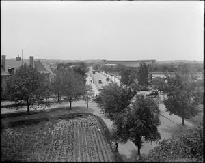 Larz Anderson Bridge and Harvard Stadium, from roadside in Cambridge