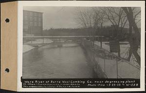 Ware River at Barre Wool Combing Co. near degreasing plant, drainage area = 103 square miles, flow over dam visible in photo = 250 cubic feet per second through wheels, 220 cubic feet per second, total 470 cubic feet per second = 4.7 cubic feet per second per square mile, Barre, Mass., Mar. 23, 1933