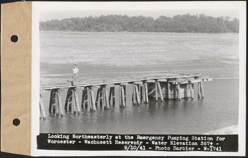 Looking northeasterly at the emergency pumping station for Worcester, water elevation 367+/-, Wachusett Reservoir, Clinton, Mass., Sep. 10, 1941