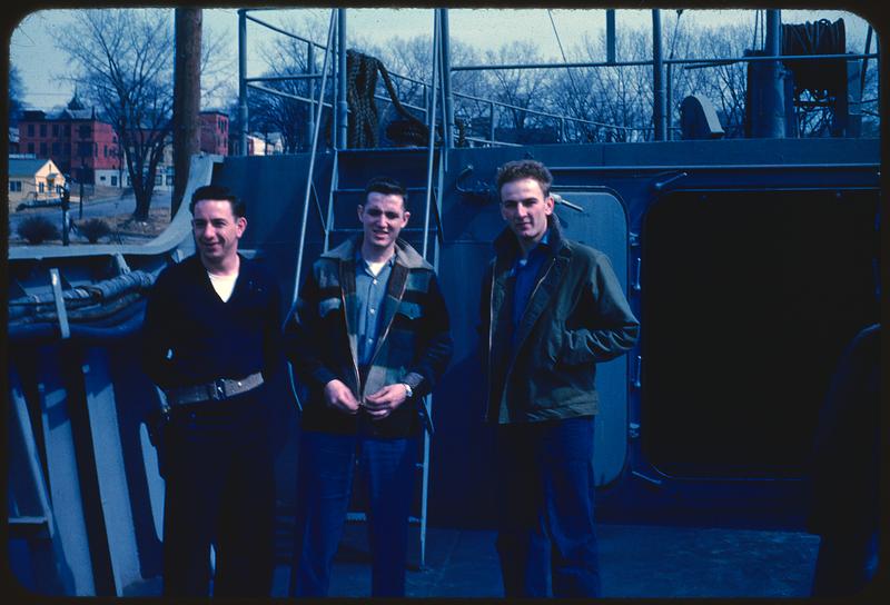 Three sailors on ship, likely in Shelburne, Vermont