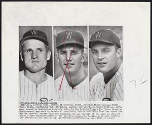 Eddie Yost, Others in Baseball Trade-- Veteran third baseman Eddie Yost, right, outfielder Neil Chrisley, center, and shortstop Rocky Bridges, left, were traded by Washington Senators today to the Detroit Tigers for three players. Announcement was made by Senators’ president, Calvin Griffith. Yost has spent his entire baseball career with the Senators. He was captain of the club as well as chief player representative of the American League in dealing with club owners.